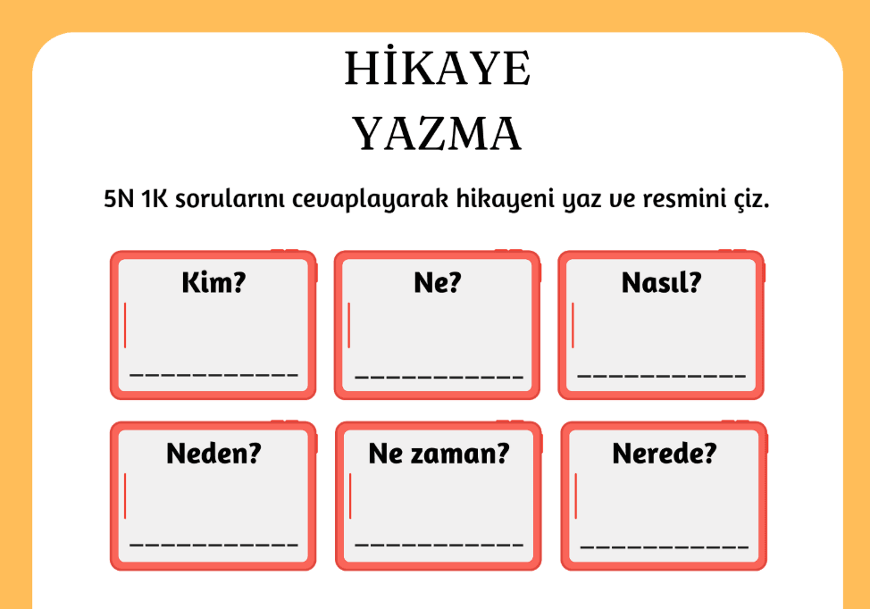 Yaratıcı 5N1K Hikaye Yazma Türkçe Çalışma Sayfası