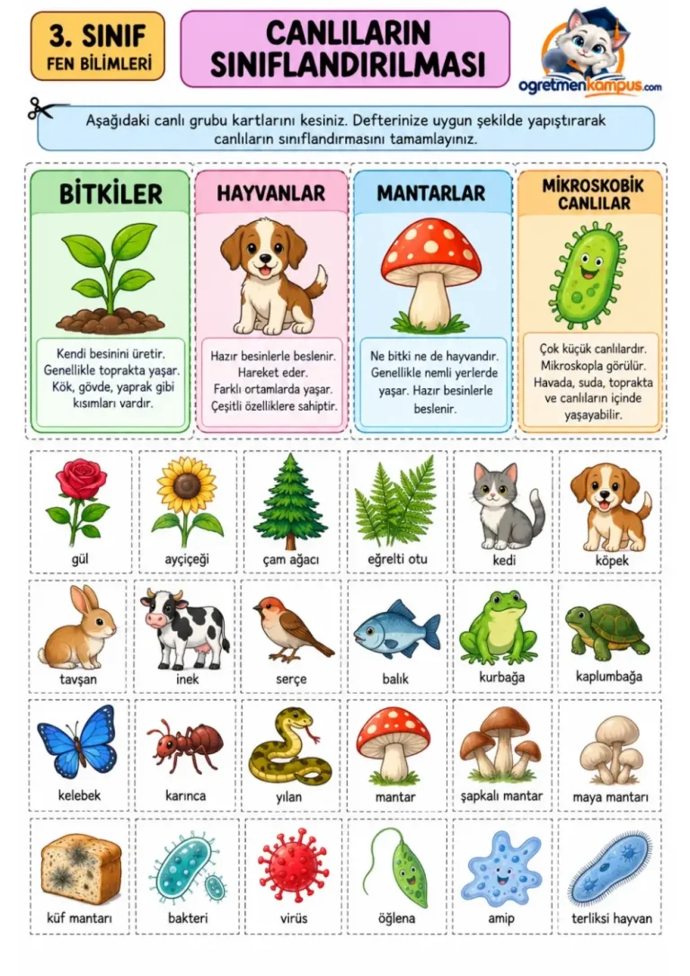 3. Sınıf Canlıların Sınıflandırılmasi Kes Yapıştır Etkinliği
