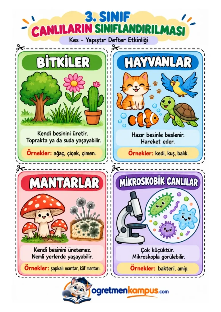 3. Sınıf Canlıların Sınıflandırılması – Kes-Yapıştır Etkinliği