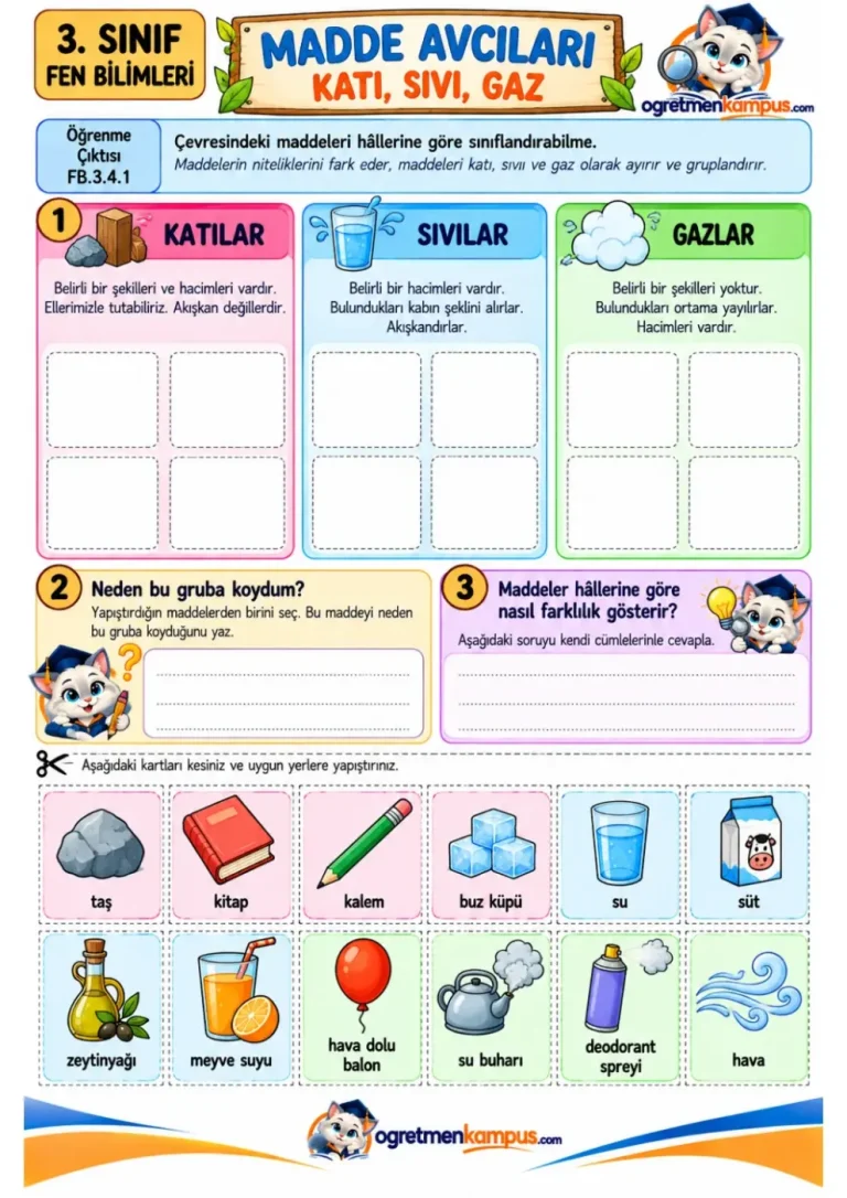 3. Sınıf Fen Bilimleri Madde Avcıları Katı Sıvı Gaz Etkinliği