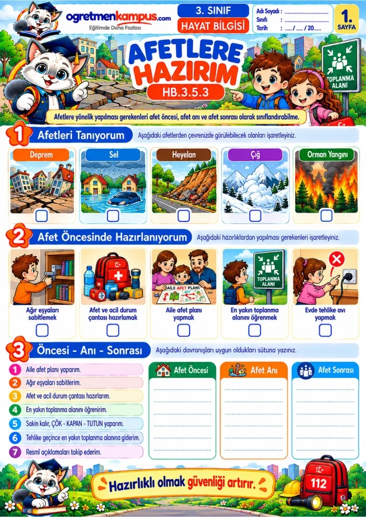 3. Sınıf Hayat Bilgisi Afetlere Hazırlık Etkinliği