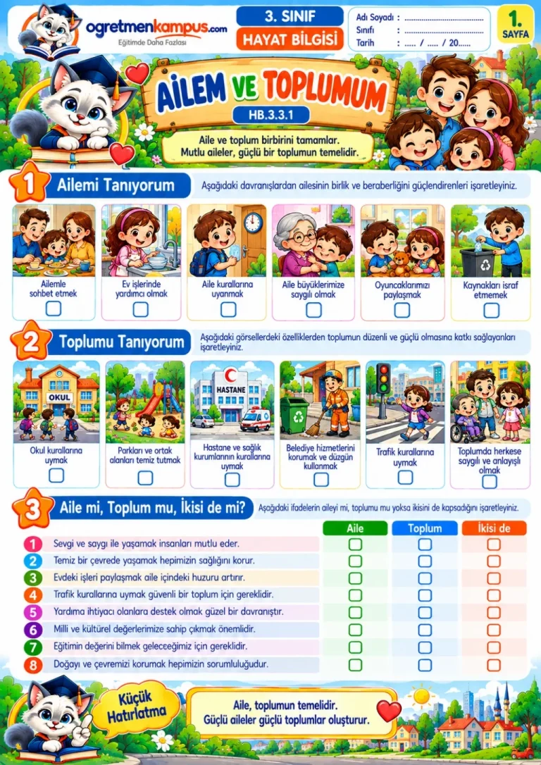 3. Sınıf Hayat Bilgisi Ailem ve Toplumum Etkinliği