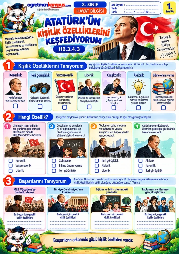 3. Sınıf Hayat Bilgisi Atatürk’ün Kişilik Özellikleri Etkinliği