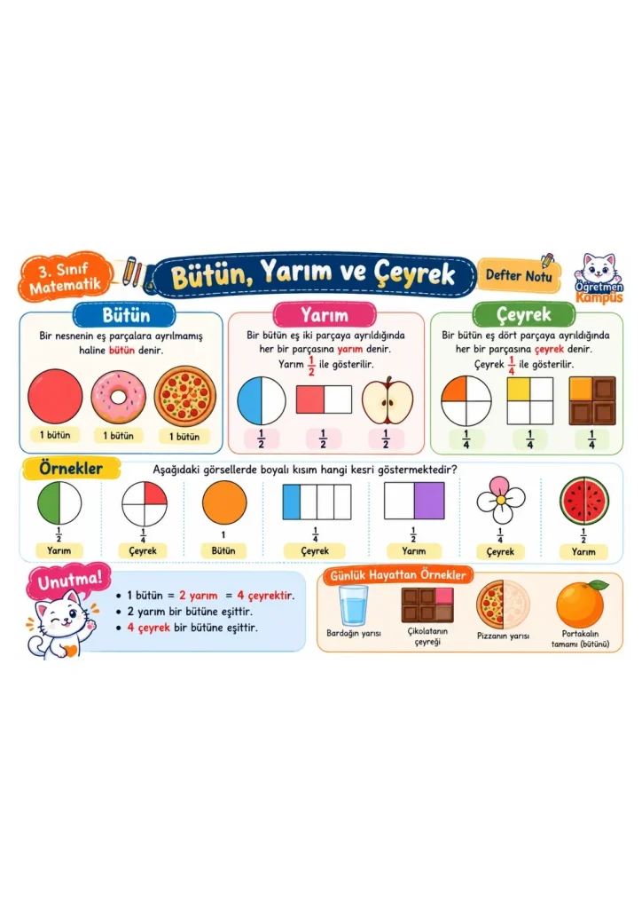 3. Sınıf Matematik Butun Yarim Ceyrek Defter Notu