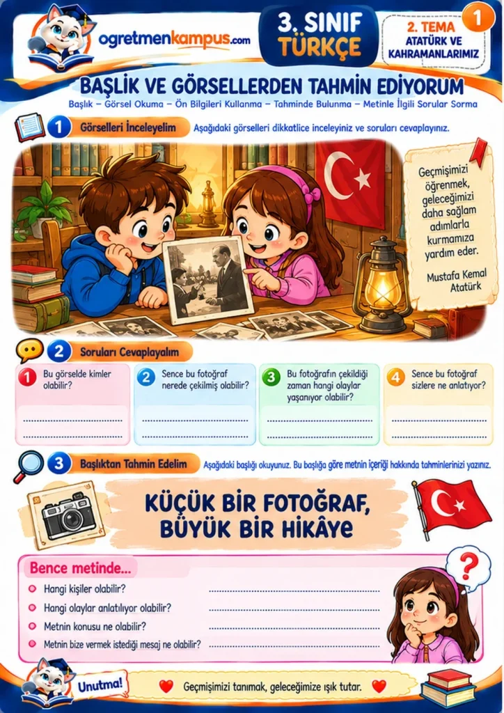 3. Sınıf Türkçe Atatürk ve Kahramanlarimiz Baslik Gorsellerden Tahmin ve Metni Anliyorum