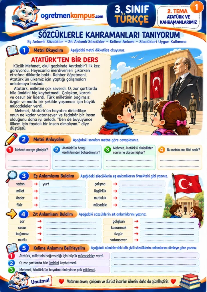 3. Sınıf Türkçe Atatürk ve Kahramanlarımız Sözcükler Kahramanları Tanıyorum