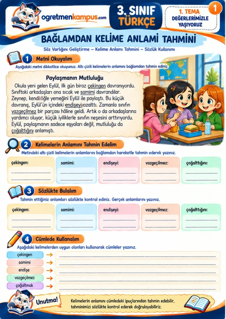 3. Sınıf Türkçe Baglamdan Kelime Anlami ve Soz Varligi