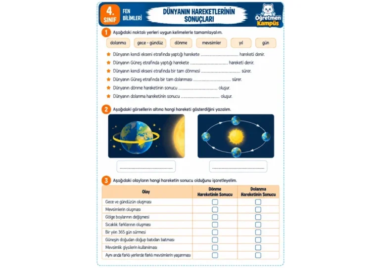 4. Sınıf Fen Bilimleri Dunyanin Hareketlerinin Sonuclari Etkinlik
