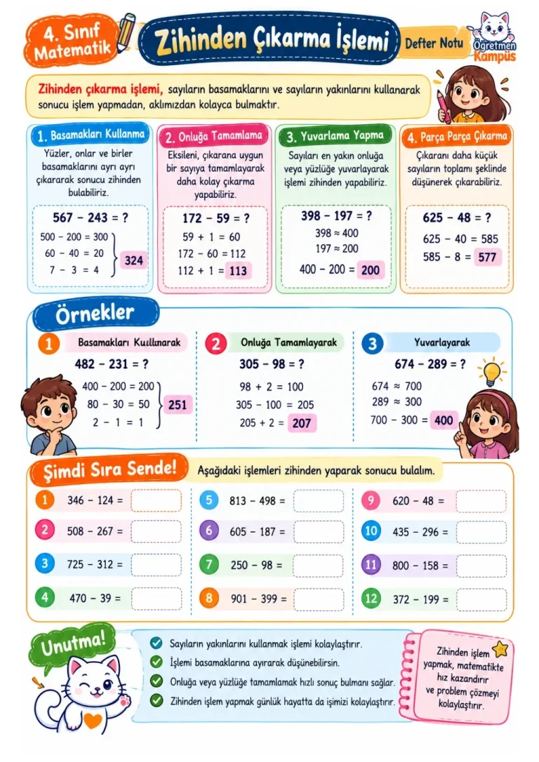 4. Sınıf Matematik Zihinden Çıkarma Defter Notu