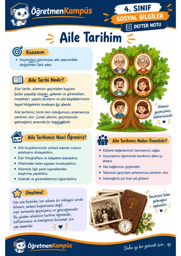 4. Sınıf Sosyal Bilgiler Aile Tarihim Defter Notu