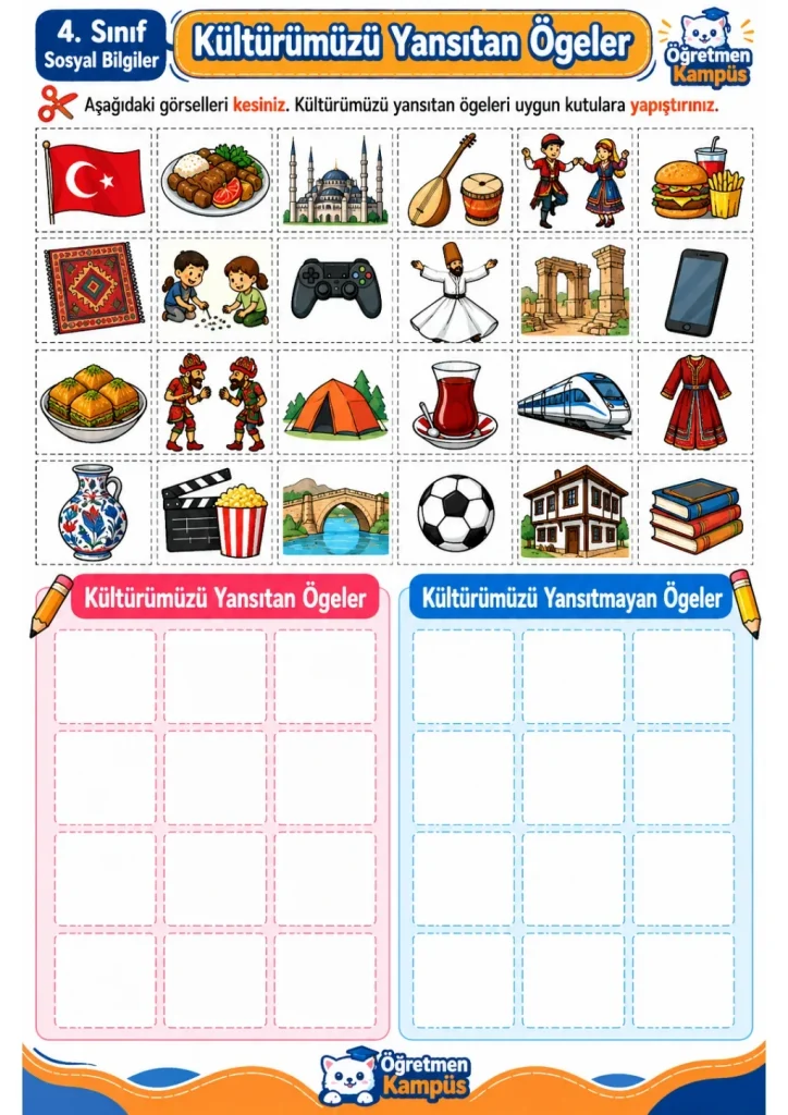 4. Sınıf Sosyal Bilgiler Kulturumuzu Yansitan Ögeler Kes Yapıştır