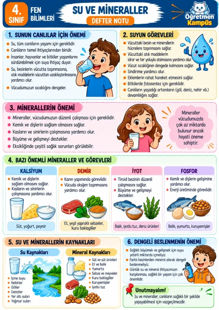 4. Sınıf Su ve Mineraller Defter Notu