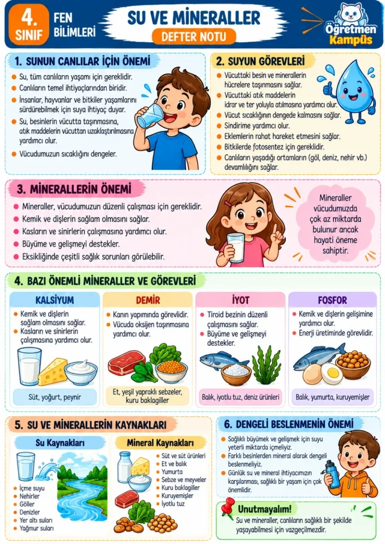 4. Sınıf Su ve Mineraller Defter Notu